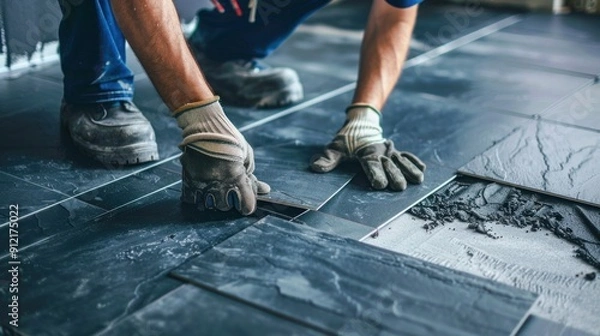 Obraz Construction Worker Installing Tiles on Floor