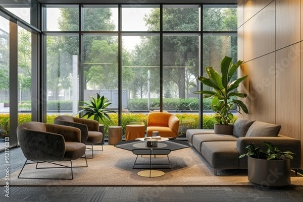 Fototapeta Modern Office Lounge Featuring Comfortable Seating and Coffee Table Surrounded by Lush Greenery in Bright Natural Light