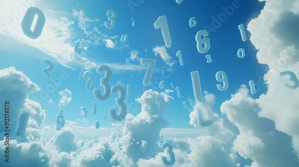 Obraz Floating numbers in blue sky with clouds create surreal atmosphere. scene evokes sense of wonder and imagination, blending nature with abstract concepts