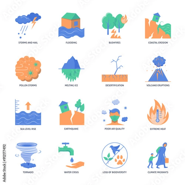 Fototapeta Global warming impact flat icon set. Vector illustration.