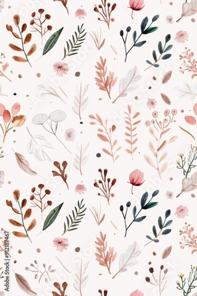 Fototapeta A seamless watercolor pattern showcasing Scandinavian folk art with traditional motifs in soft colors