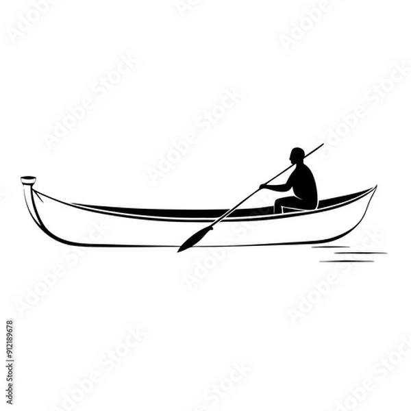 Fototapeta Silhouette of person paddling mokoro boat, botswana transport vehicle, river canoe, line art