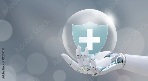 Fototapeta Futuristic AI robot Hand offer medical shield with bubble on white background. The Concept of Family life insurance, Medical care insurance, and Business healthy with Artificial Intelligence. 