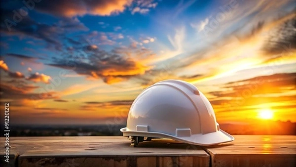 Fototapeta A Beacon of Safety: A White Construction Helmet Stands Tall Against a Sunset Sky  AI Generated