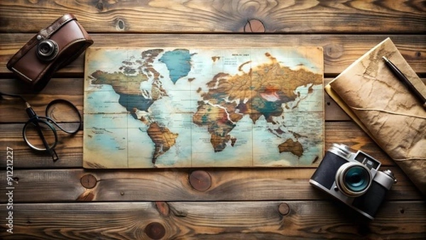 Fototapeta A Journey Unfurled: Wanderlust Organizer Concept with Rustic Wooden Background  Generative AI