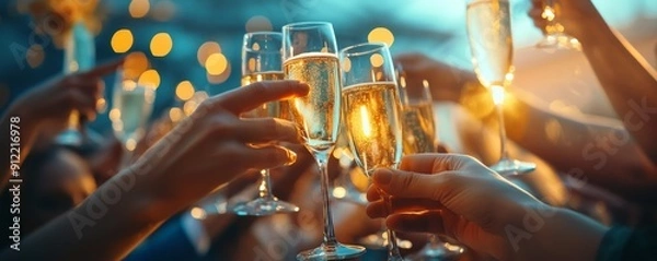 Fototapeta A joyful celebration with friends toasting with champagne glasses amidst sparkling lights, capturing the spirit of festivity and togetherness. a party that embodies festivity and cheer