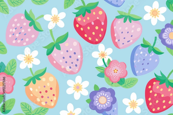 Fototapeta A blue background depicting strawberries with white flowers. The image is made in pastel colors.