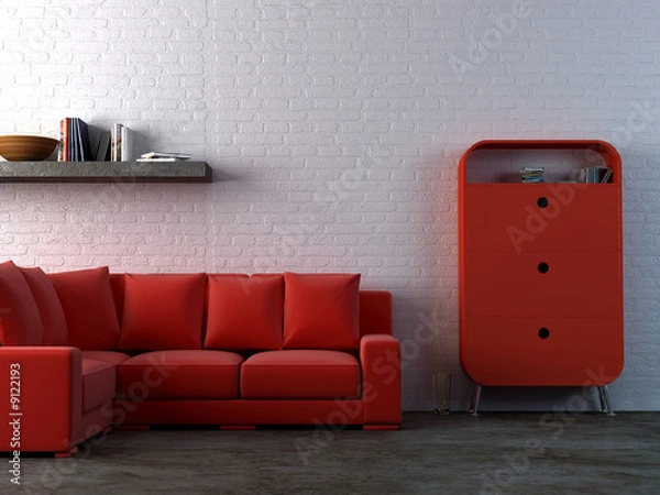 Obraz czerwona sofa i komoda