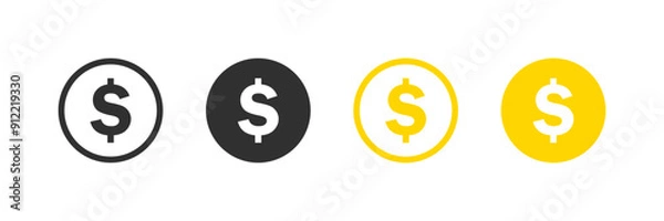 Fototapeta Simple set of black and gold dollar coins in both filled and outlined variations. Vector icons in flat style