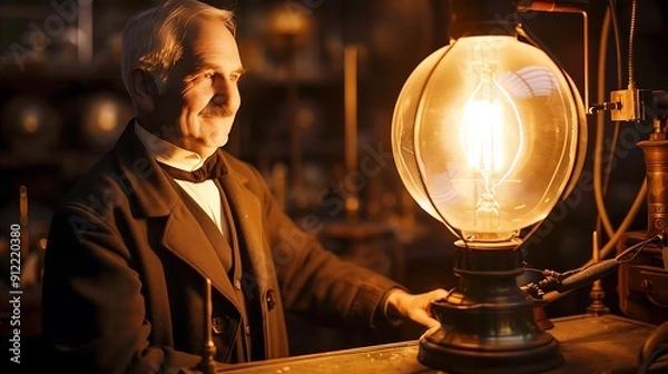 Fototapeta Thomas Edison the famous inventor, in his workshop with a large light bulb glowing in the background