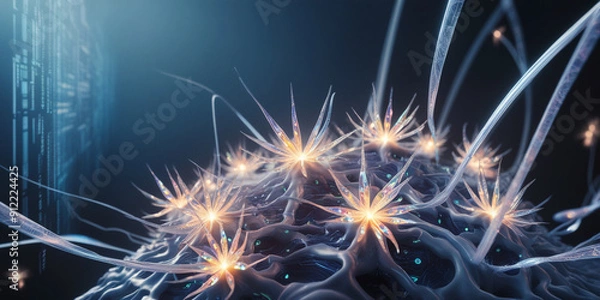 Fototapeta Neural Network Landscape with Intricate Glowing Synapses and Ethereal Digital Tendrils