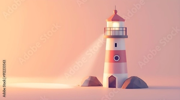 Obraz  latarnia morska, promień światła, brzoskwiniowy, pastelowy, styl cartoonowy, jaskrawe kolory, ilustracja 3D, minimalistyczny, przewodnictwo, bezpieczeństwo, nadzieja, proste formy, elegancki, tło