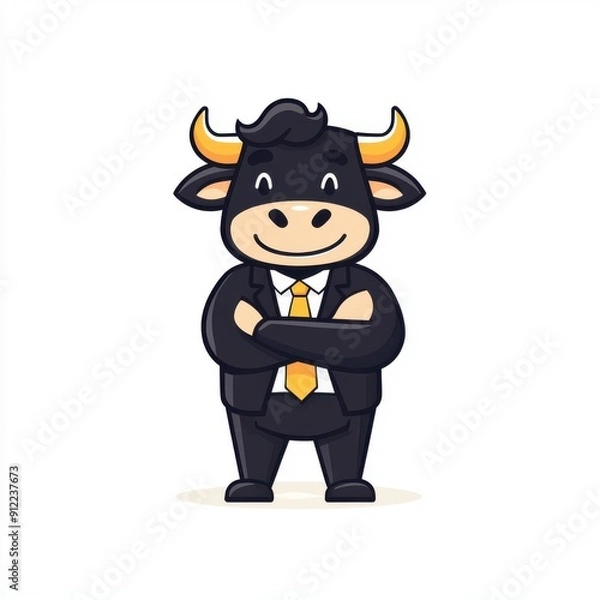 Fototapeta Cartoon bull in a business suit with arms crossed. Professional, confident, and ready for success.