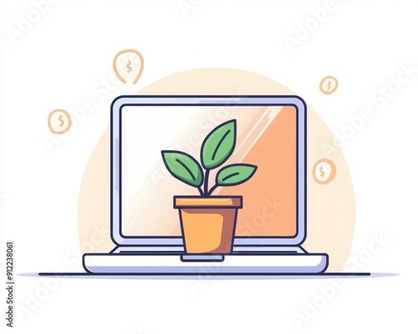 Fototapeta Illustration of a laptop with a potted plant on it, symbolizing growth, technology, and eco-friendliness. Ideal for business or tech content.