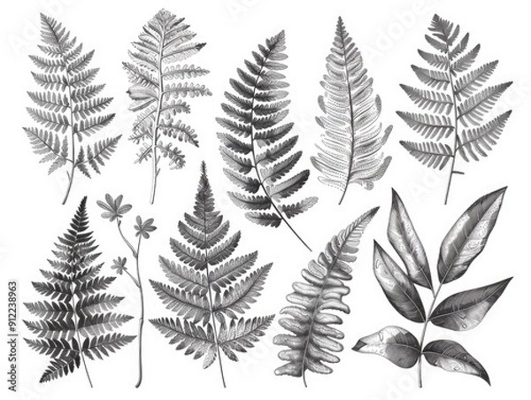 Fototapeta Detailed and intricate monochrome line art sketches featuring a collection of various fern leaves and other botanical foliage
