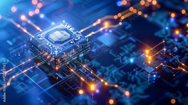 Fototapeta Futuristic Microchip on Digital Circuit Board