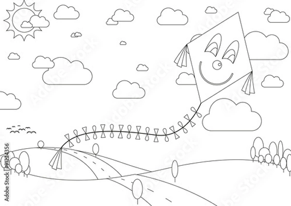 Obraz Coloring book with autumn landscape with kite during sunny day