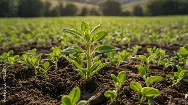 Fototapeta Amidst the beauty of the countryside, a young Withania plant can be seen growing in a field, exemplifying their dicotyledonous traits. Generative AI 