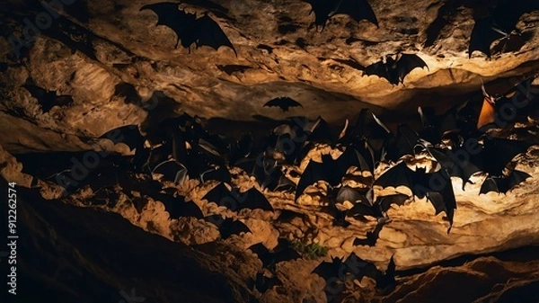 Fototapeta bats roosting in the deep cave background backdrop