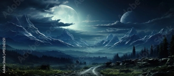Obraz Fantasy landscape with mountains, road and moon.