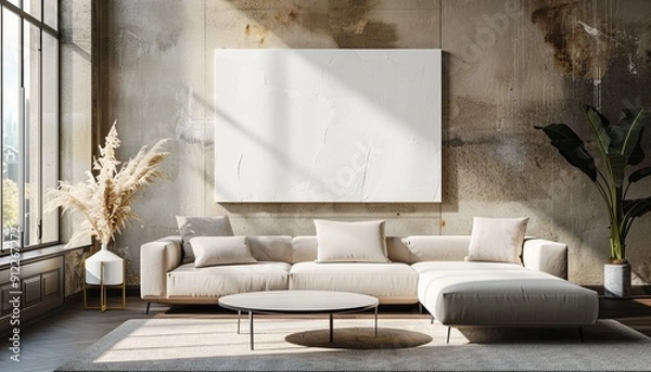 Fototapeta Modern Living Room with Blank White Canvas on Wall, Sunlit Minimalist Design, Cozy Atmosphere, Background with Copy Space, Mockup