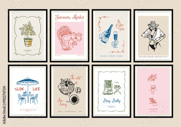 Fototapeta Minimal hand drawn vector dolce vita illustration set with aesthetic quote in a poster frame. Matisse style doodles.	