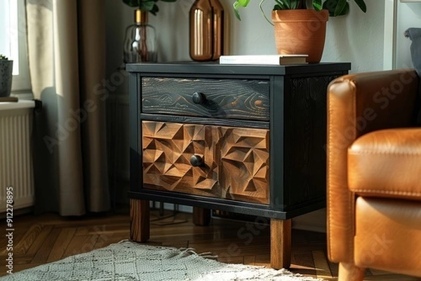 Fototapeta Black and tan wooden nightstand with open drawer, metal frame legs, geometric pattern top, and square design, placed near sofa on living room floor.