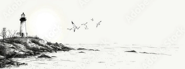 Fototapeta Landscape of a stone beach on the seashore with a lighthouse. Sketch illustration.