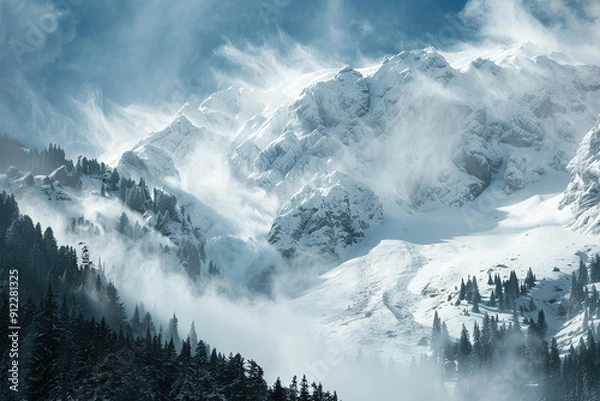 Fototapeta Generative ai on theme of descent of an huge avalanche from the mountain, winter nature landscape