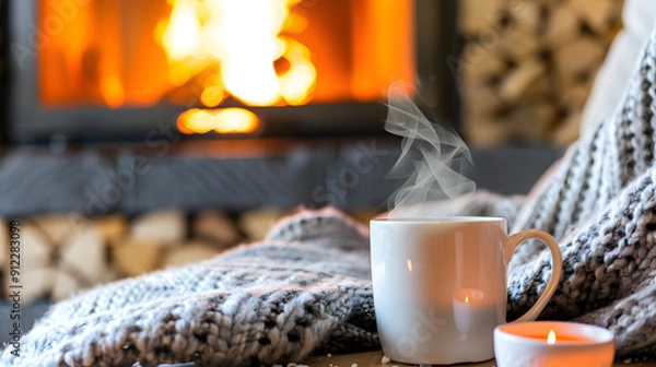 Fototapeta Cozy reading nook by fireplace. Plush armchair with throw blanket. Steaming mug on side table. 