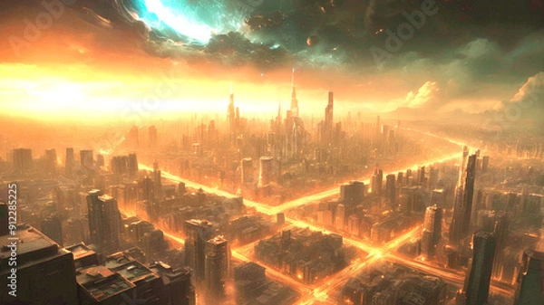 Fototapeta Cosmic vortex over a large city. A gritty, high-contrast cinematic keyframe with a shallow depth of field, featuring a blurred background and a subject in focus, evoking a sense of intimacy and drama.