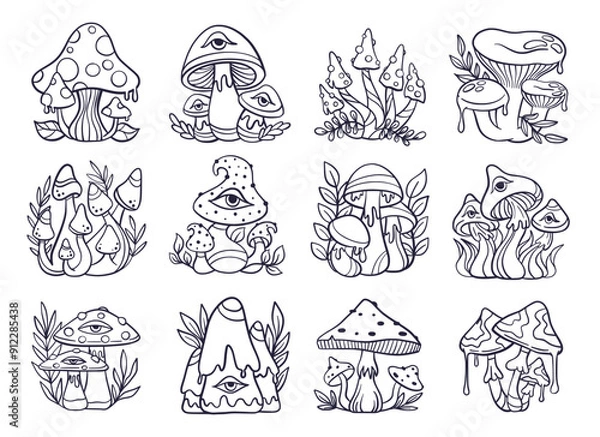 Fototapeta Trippy psychedelic mushroom element collection, black and white outline doodle sketch hand drawn style, vector illustration 