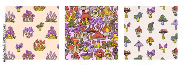 Fototapeta Trippy psychedelic mushroom seamless pattern collection, contour doodle sketch hand drawn style, vector illustration