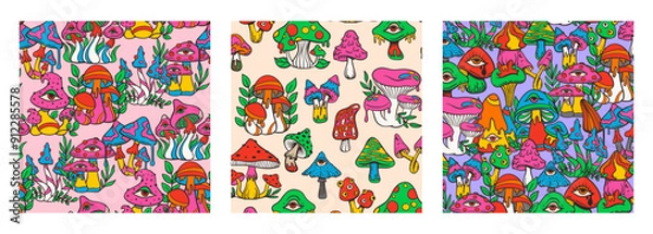 Fototapeta Trippy psychedelic mushroom seamless pattern collection, contour doodle sketch hand drawn style, vector illustration