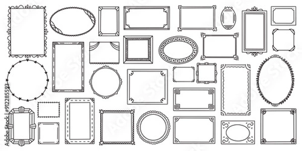 Fototapeta Collection of handdrawn doodle picture frames, museum frames, cute cartoon style, square, round, oval, rectangle shape, vector illustration
