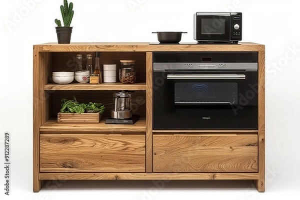 Fototapeta Solid oak cactus bookcase with open cabinet and two shelves for kitchen storage, closed bottom section holding microwave oven.