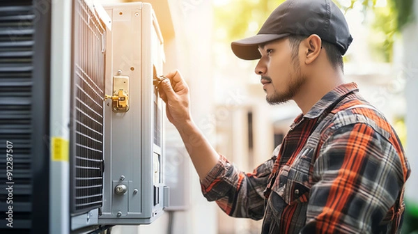 Fototapeta Technician working on air conditioning unit maintenance. Ensuring energy efficiency and proper functioning.