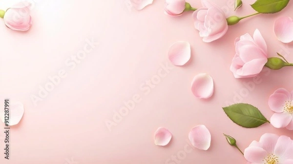 Fototapeta Soft pink flower petals scattered gently on a light pink background create a serene and tranquil atmosphere