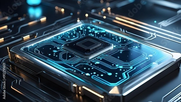 Fototapeta A computer chip is shown in a blue and yellow color scheme
