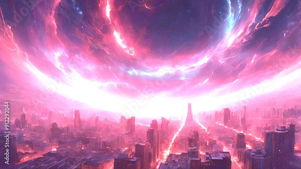 Fototapeta Cosmic vortex over a large city. A gritty, high-contrast cinematic keyframe with a shallow depth of field, featuring a blurred background and a subject in focus, evoking a sense of intimacy and drama.