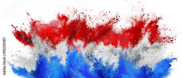 Fototapeta colorful flag of  netherlands with red white and blue color holi paint powder explosion isolated white background. Dutch party soccer  symbol travel and tourism concept.