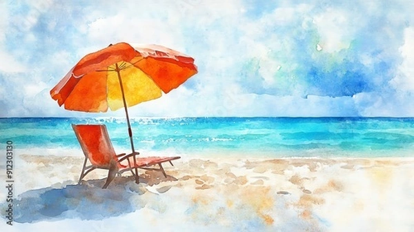 Fototapeta A vibrant watercolor painting of a beach scene featuring a red umbrella and a lounge chair by the tranquil ocean.