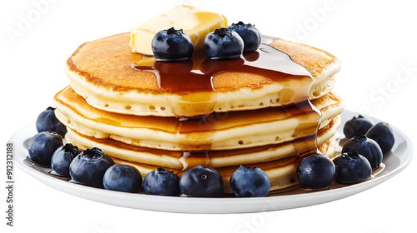 Fototapeta Stack of Fluffy Golden Pancakes Topped with Maple Syrup, Fresh Blueberries, and Butter Isolated