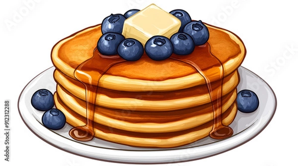 Fototapeta Stack of Fluffy Golden Pancakes Topped with Maple Syrup, Fresh Blueberries, and Butter Isolated