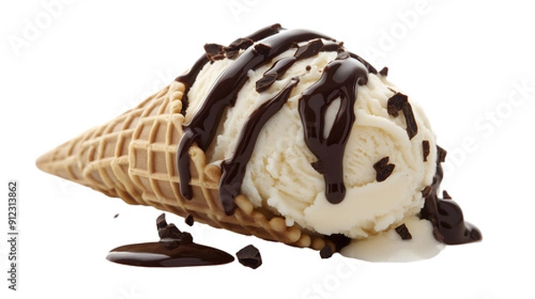 Fototapeta Scoop of Rich Vanilla Ice Cream With Chocolate Drizzle in a Waffle Cone Isolated