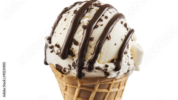 Fototapeta Scoop of Rich Vanilla Ice Cream With Chocolate Drizzle in a Waffle Cone