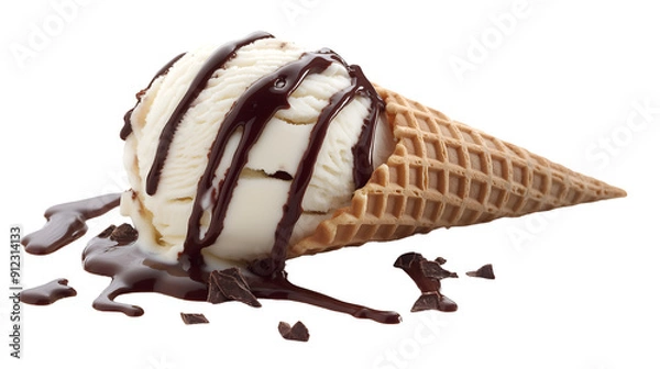 Fototapeta Scoop of Rich Vanilla Ice Cream With Chocolate Syrup in a Waffle Cone