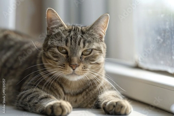 Fototapeta Healthy lifestyles for cats are showcased by a feline stretching in a sunlit windowsill, highlighting the vital roles of exercise and balanced nutrition for their well-being.