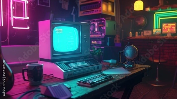 Fototapeta Retro Computer Workstation in a Neon Lit Room