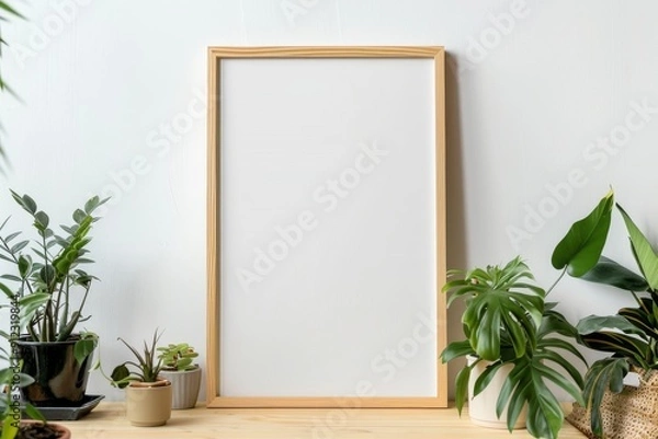 Fototapeta Blank Framed Canvas with Houseplants on Wooden Shelf